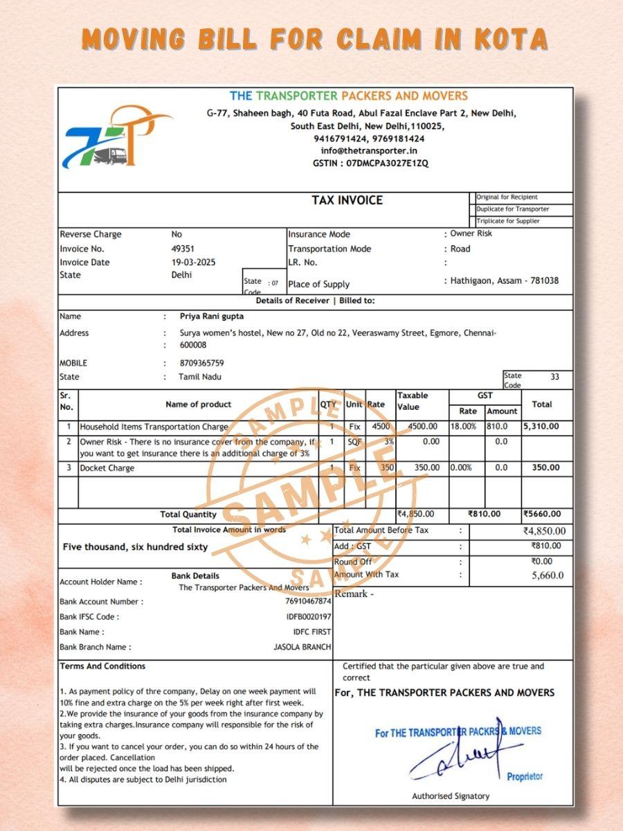 Verified Movers and Packers Bill for Claim in Kota