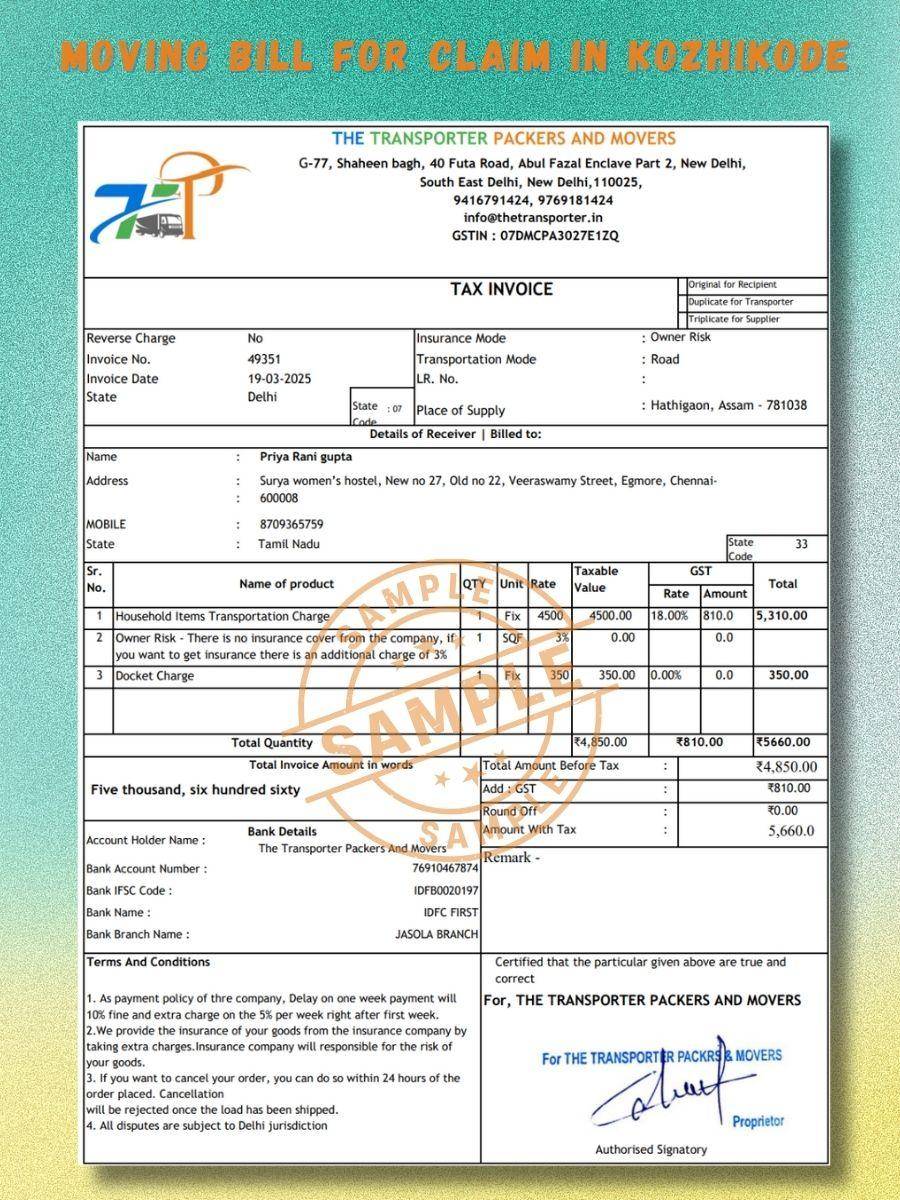 Verified Movers and Packers Bill for Claim in Kozhikode