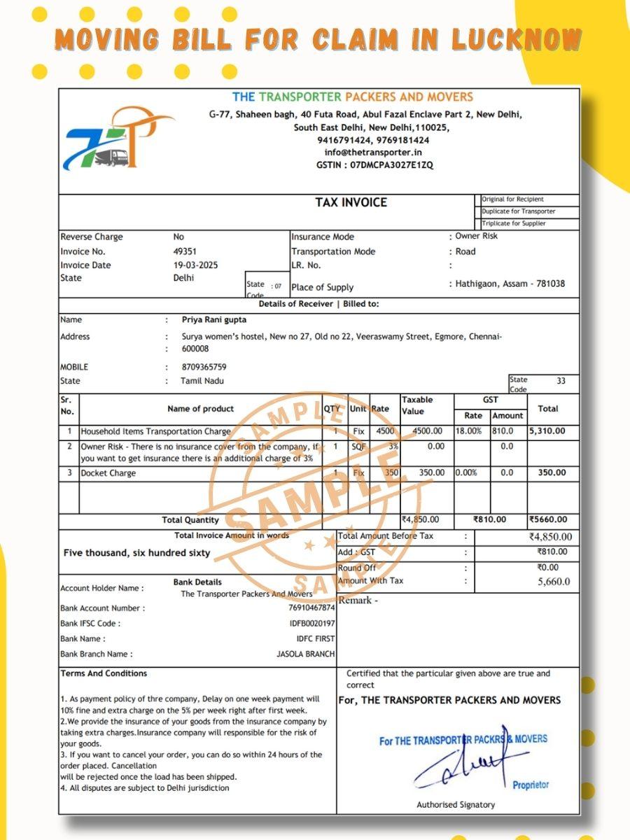 Verified Movers and Packers Bill for Claim in Lucknow