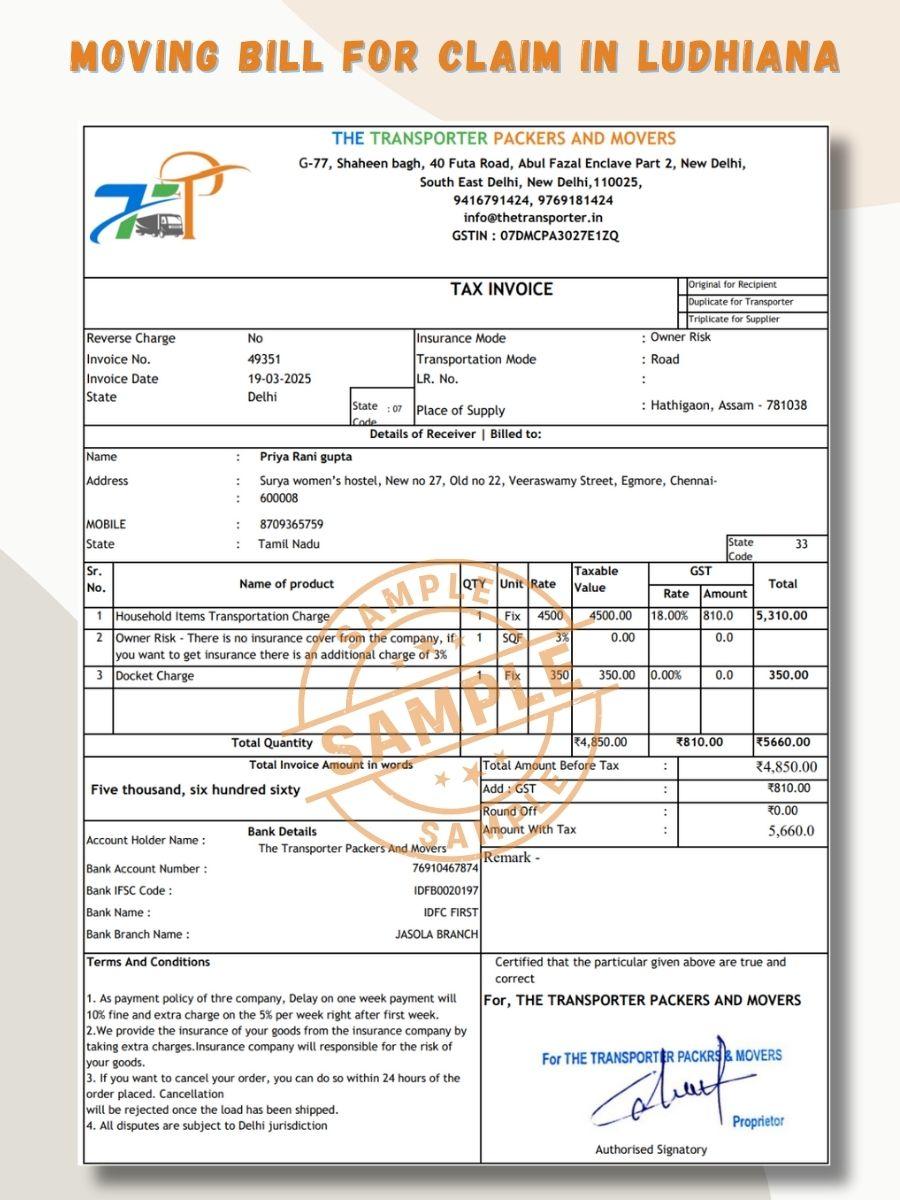 Verified Movers and Packers Bill for Claim in Ludhiana