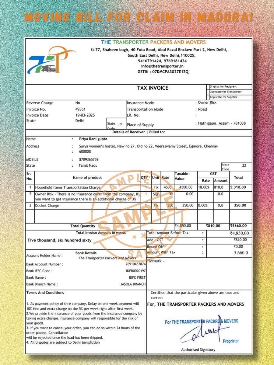 Verified packers and movers bill for claim in Madurai