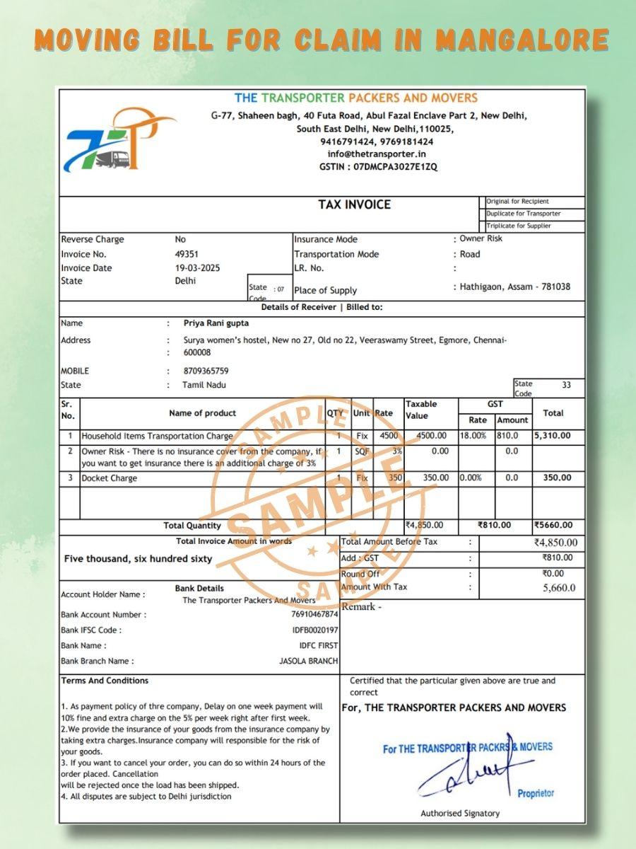 Verified Movers and Packers Bill for Claim in Mangalore