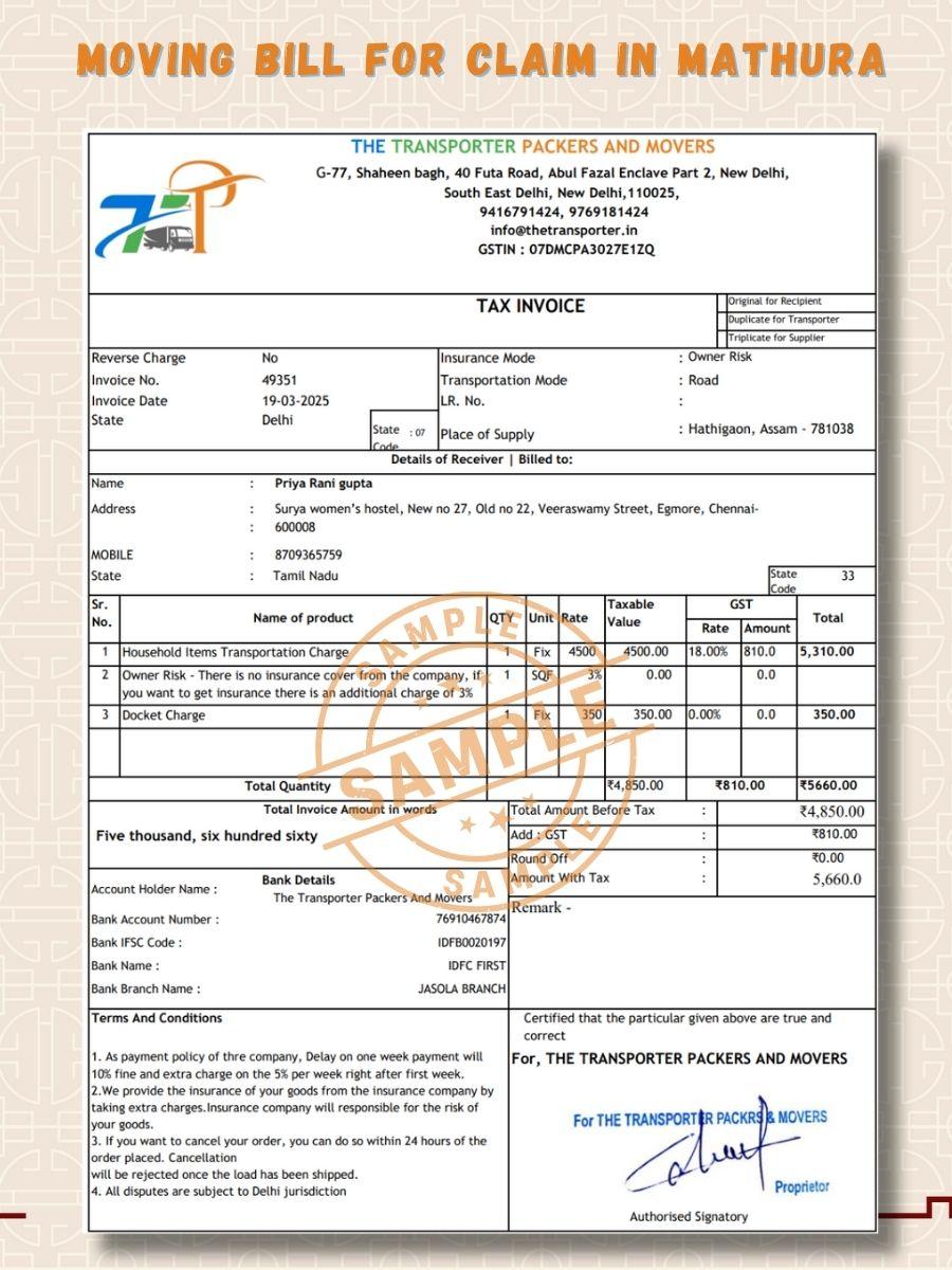 Verified Movers and Packers Bill for Claim in Mathura