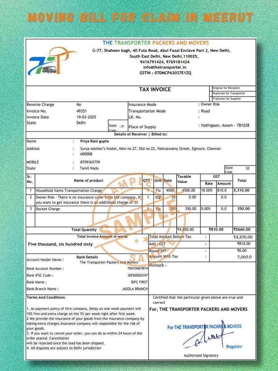 Verified Movers and Packers Bill for Claim in Meerut