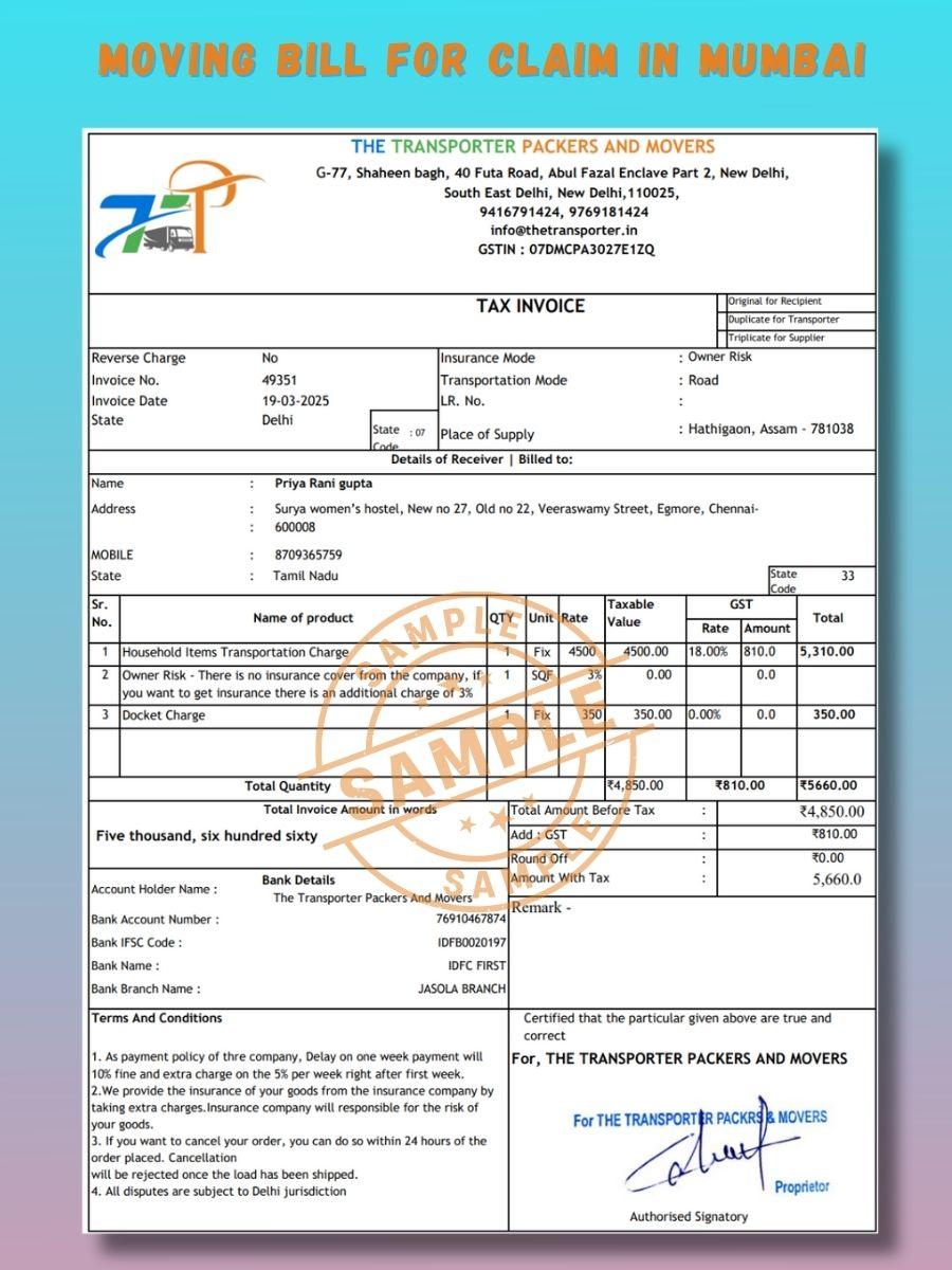 Verified Movers and Packers Bill for Claim in Mumbai