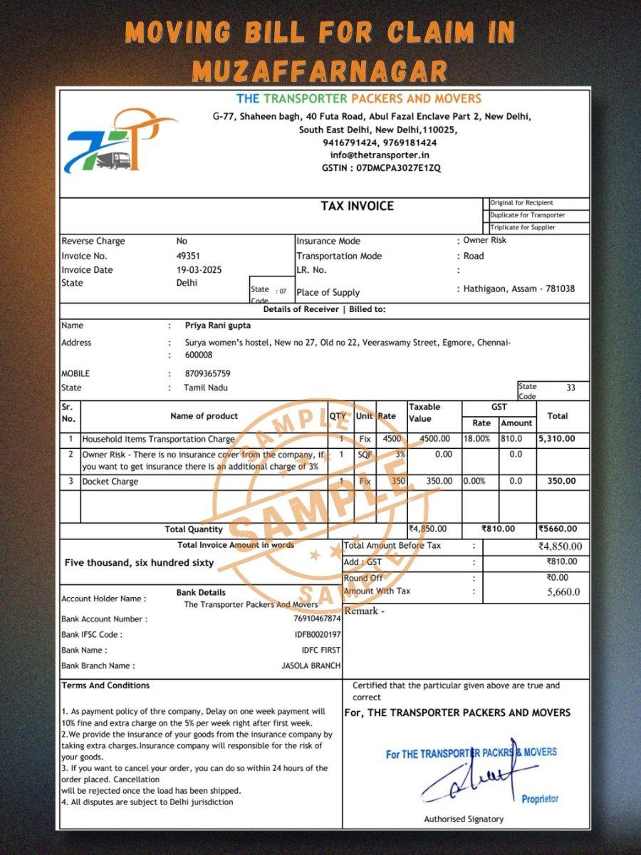 Verified Movers and Packers Bill for Claim in Muzaffarnagar