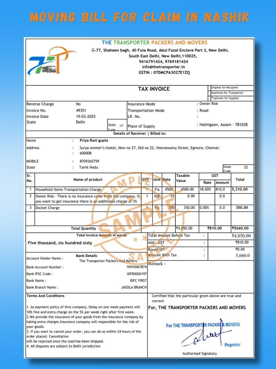 Verified Movers and Packers Bill for Claim in Nashik