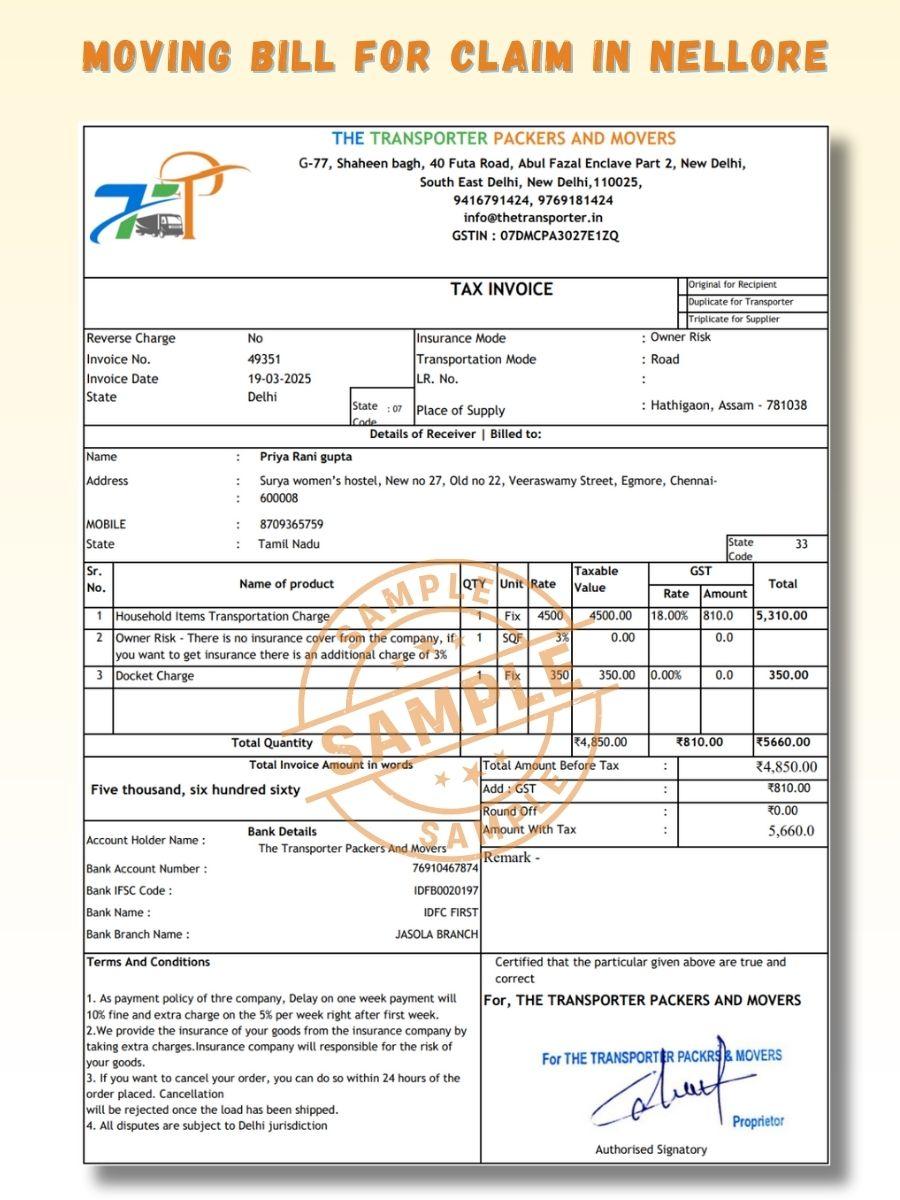 Verified Movers and Packers Bill for Claim in Nellore