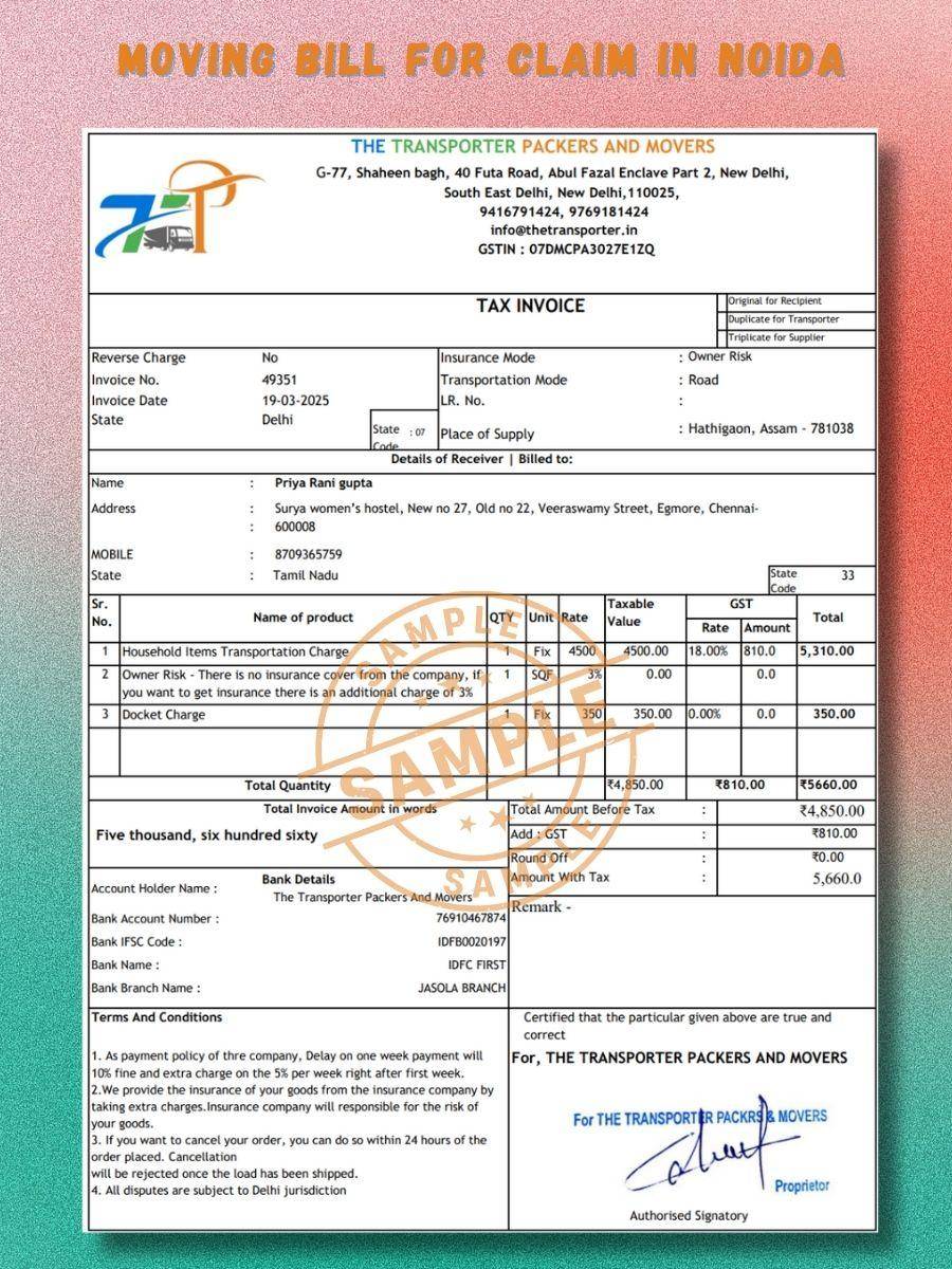 Verified packers and movers bill for claim in Noida