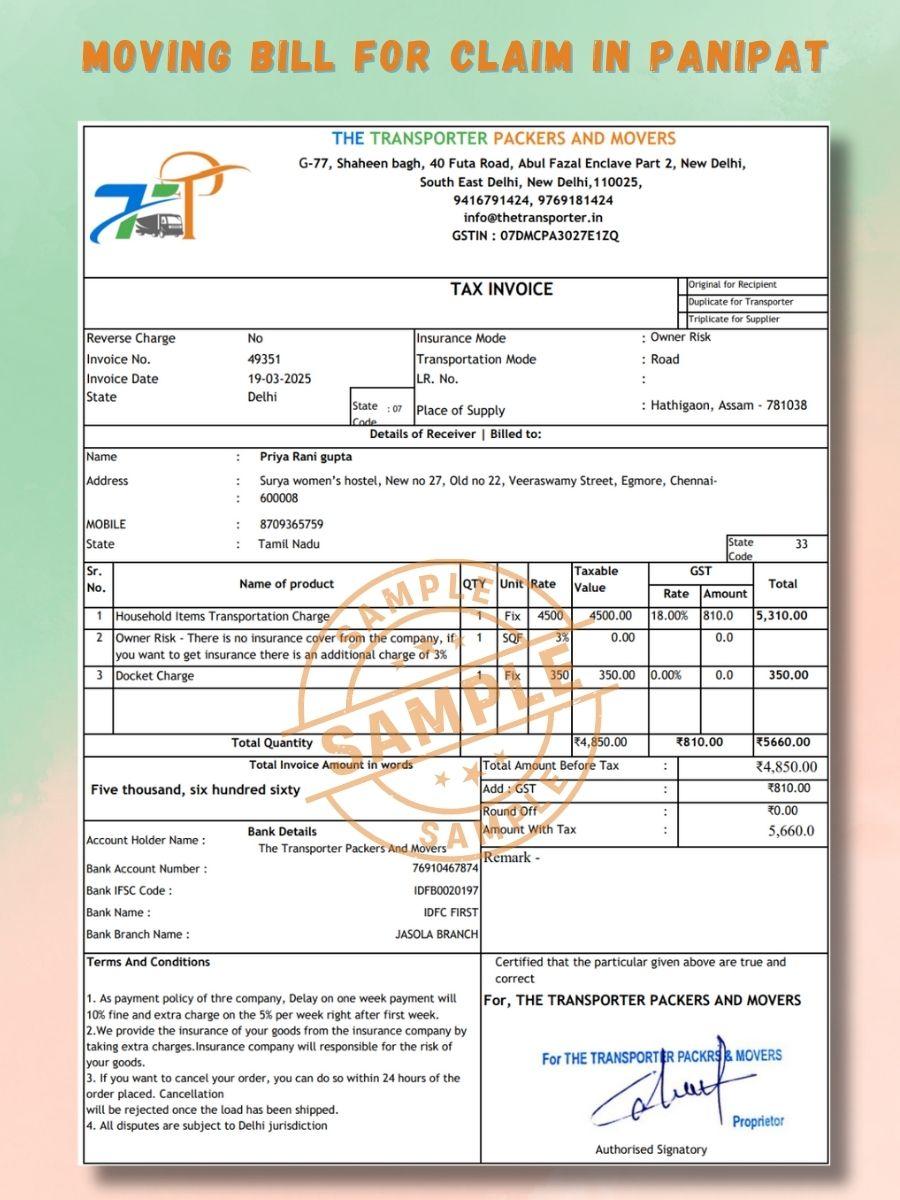Verified Movers and Packers Bill for Claim in Panipat