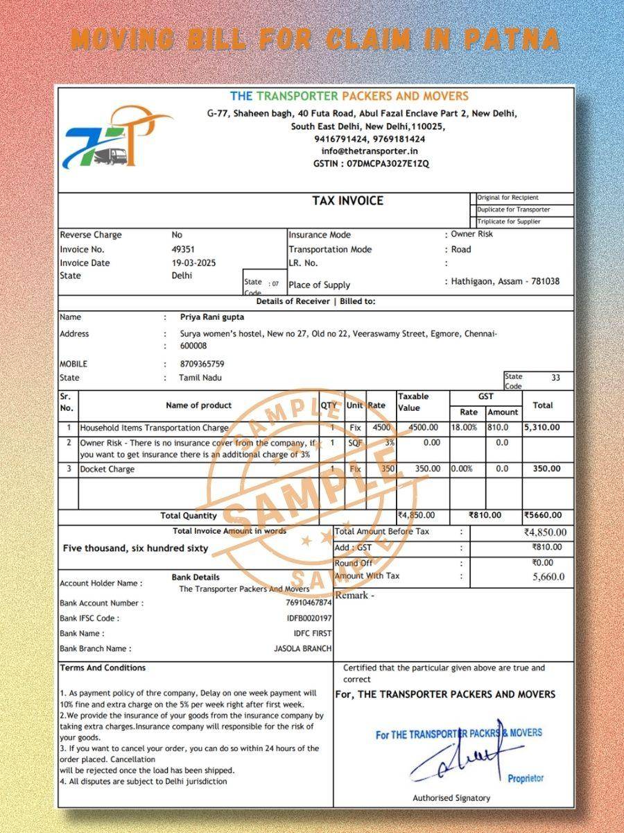 Verified Movers and Packers Bill for Claim in Patna