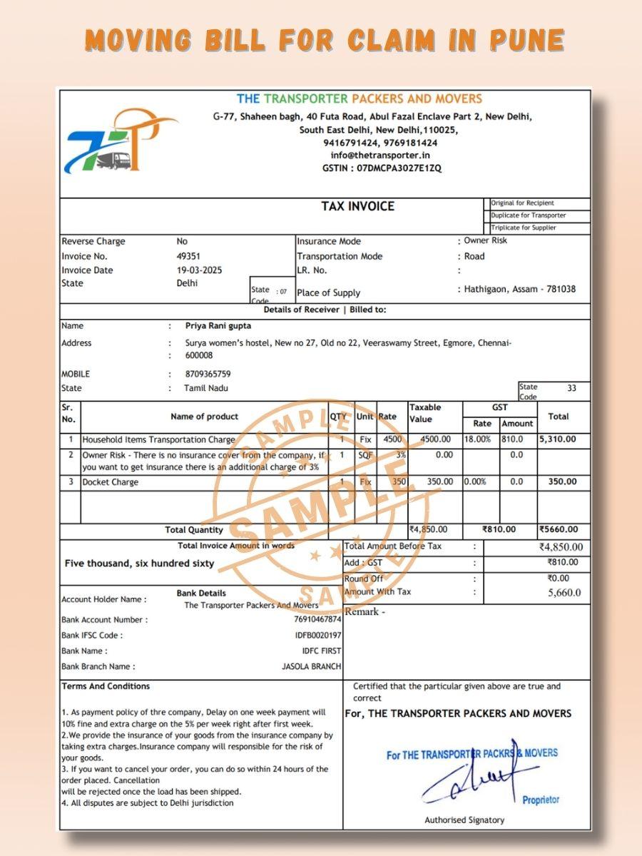 Verified Movers and Packers Bill for Claim in Pune
