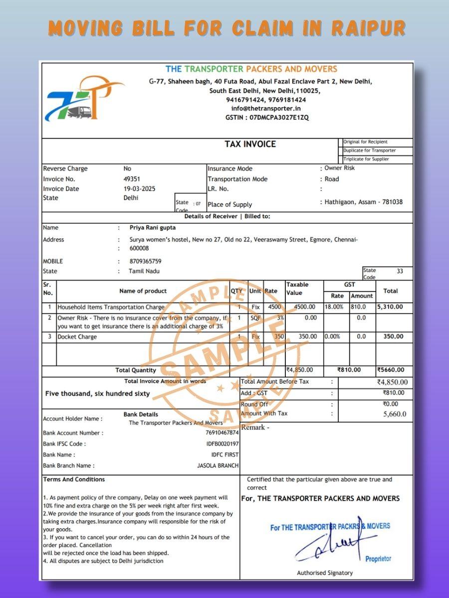 Verified Movers and Packers Bill for Claim in Raipur