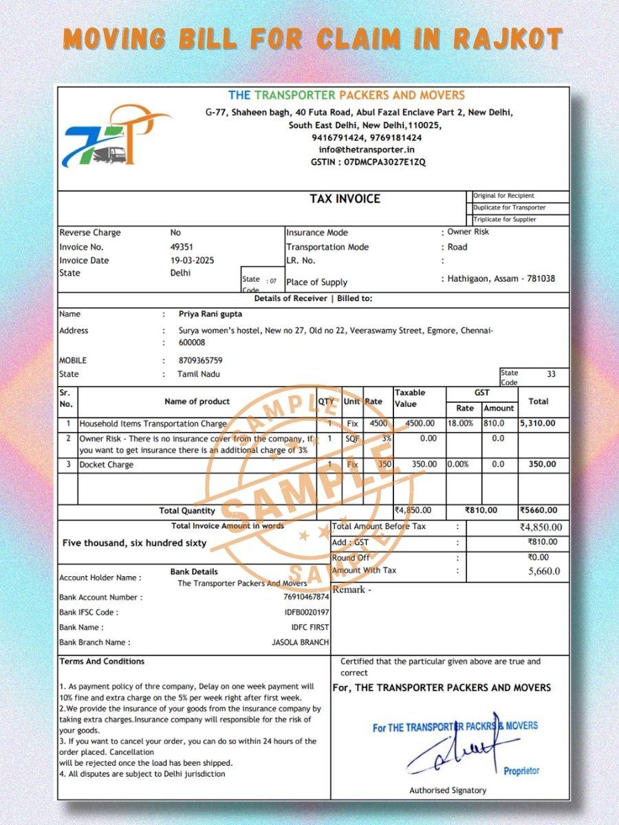 Verified Movers and Packers Bill for Claim in Rajkot