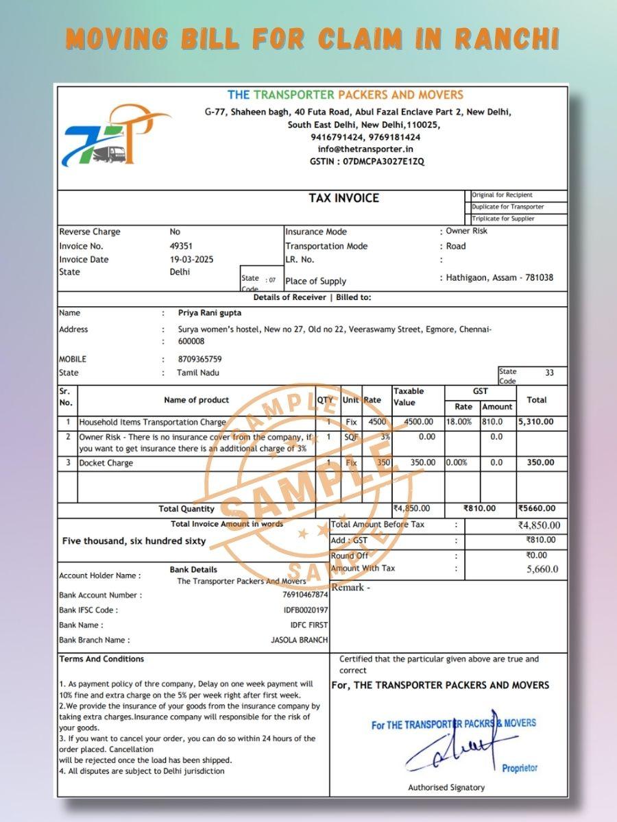 Verified Movers and Packers Bill for Claim in Ranchi