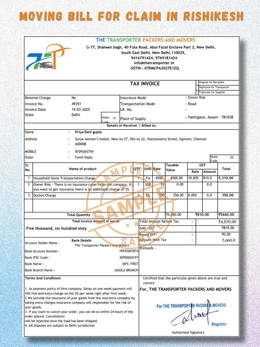 Verified packers and movers bill for claim in Rishikesh