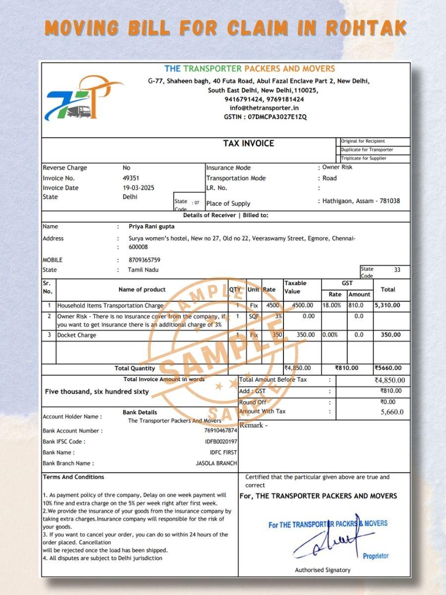 Verified Movers and Packers Bill for Claim in Rohtak