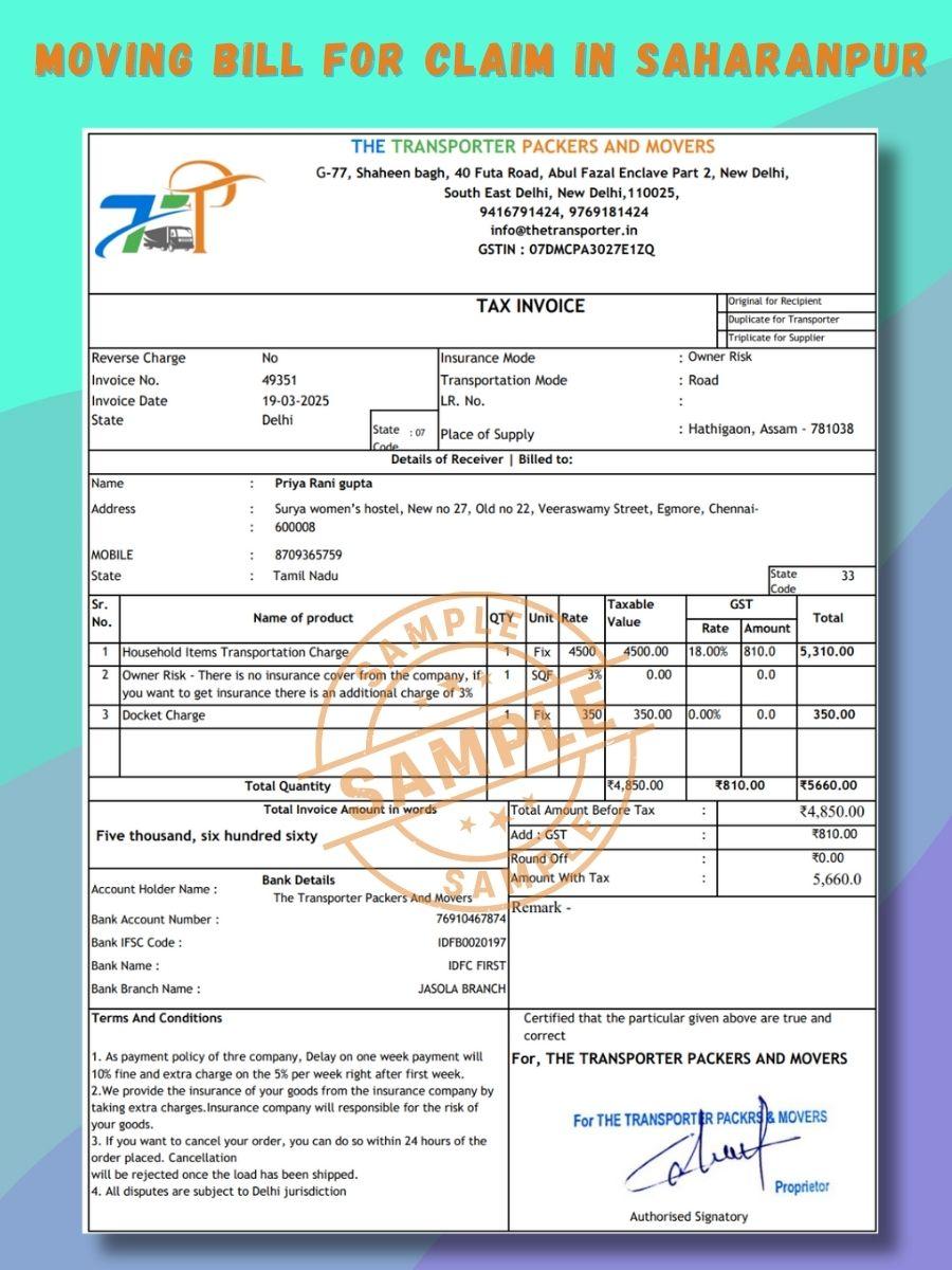 Verified Movers and Packers Bill for Claim in Saharanpur