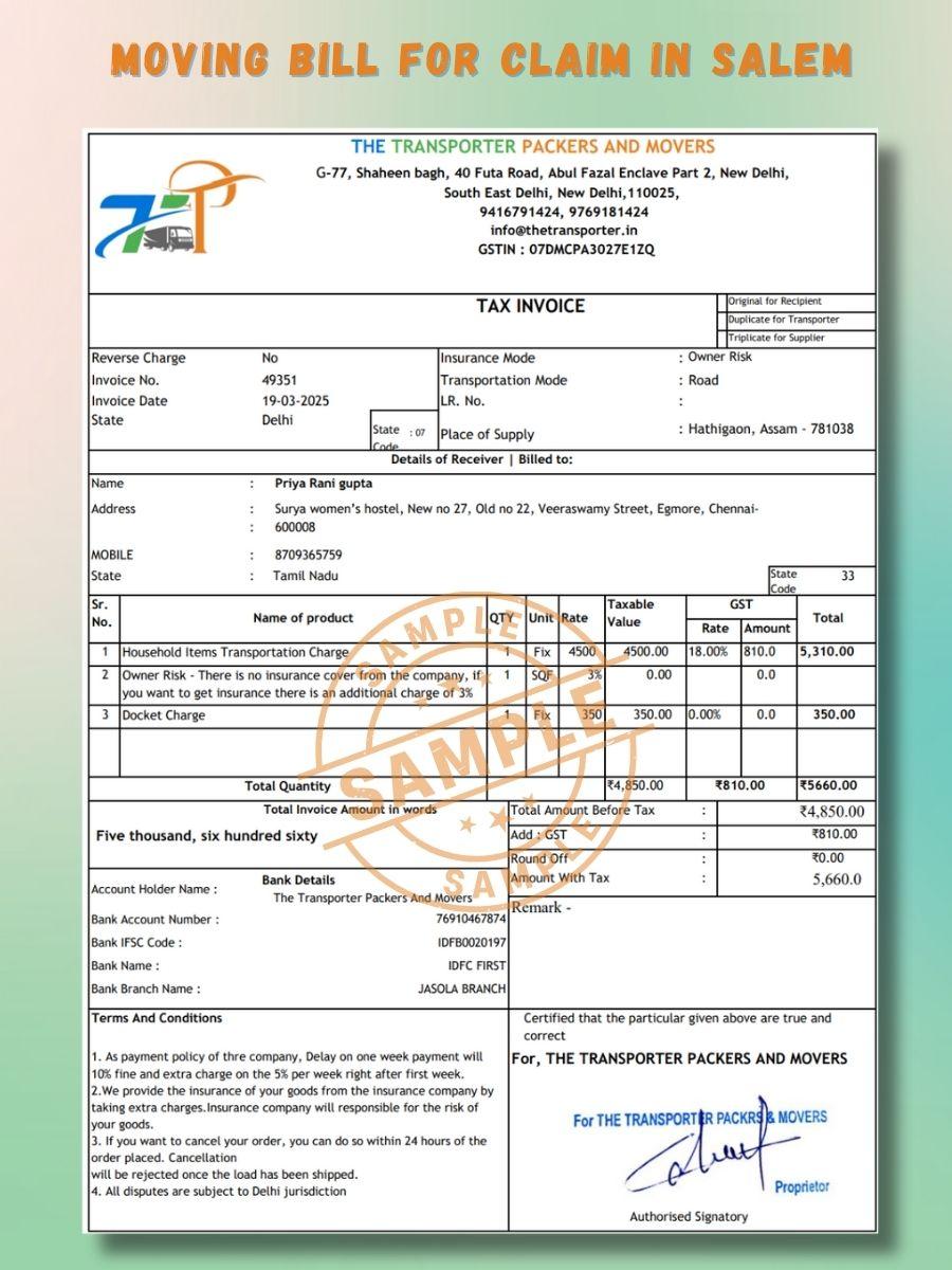 Verified Movers and Packers Bill for Claim in Salem