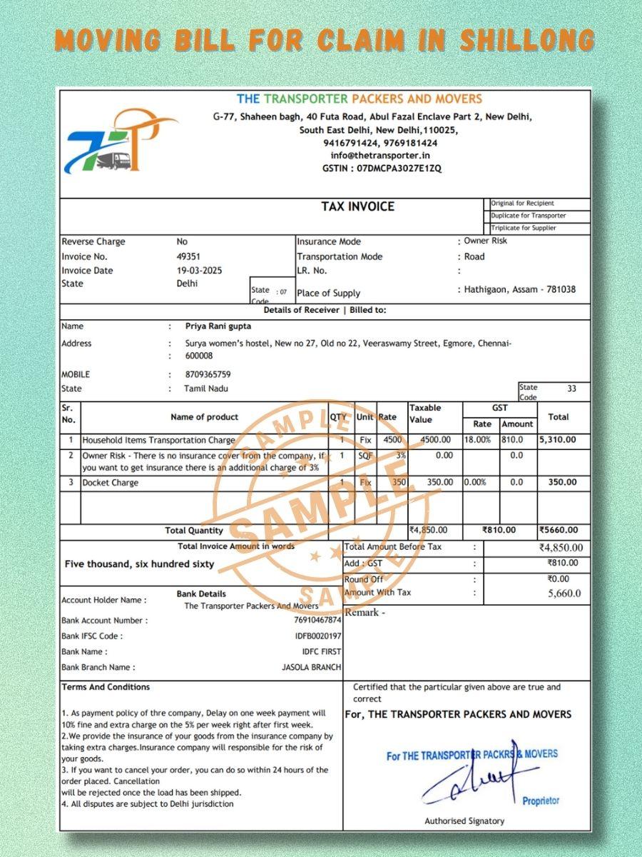 Verified Movers and Packers Bill for Claim in Shillong