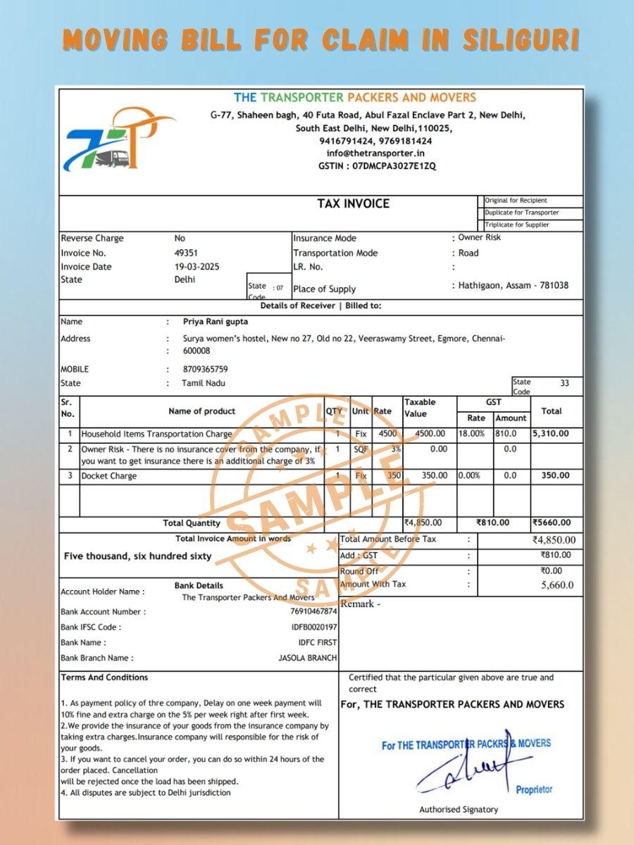 Verified Movers and Packers Bill for Claim in Siliguri