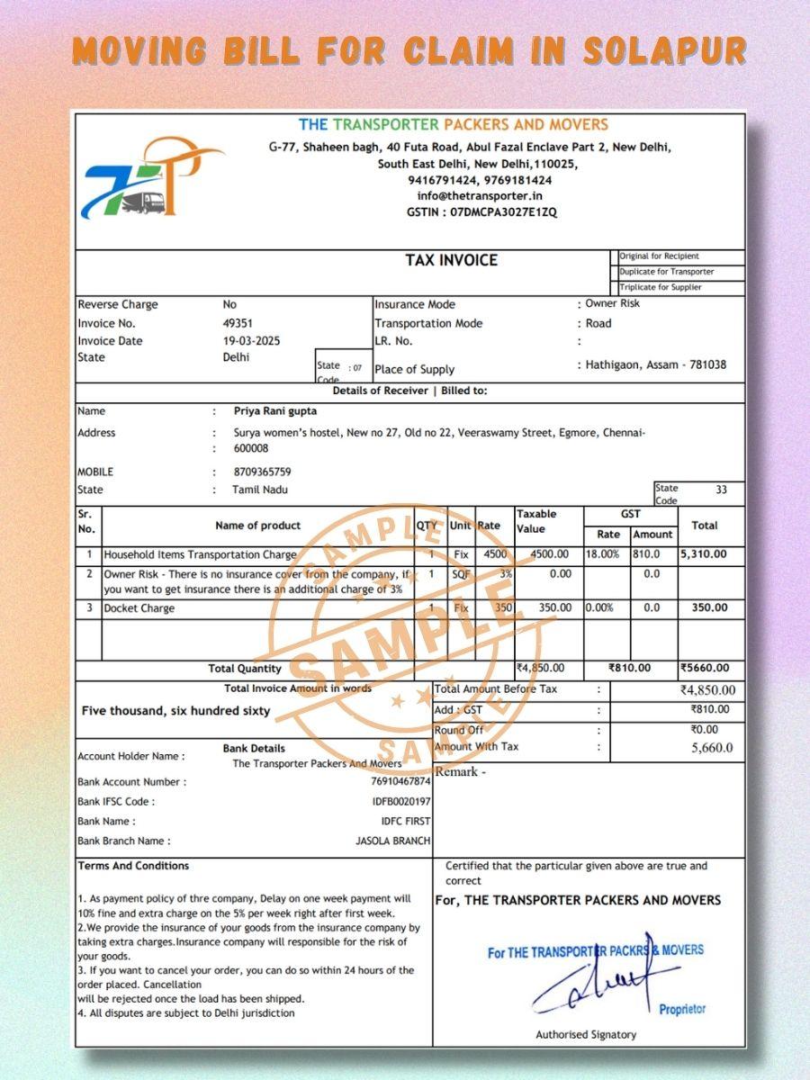 Verified Movers and Packers Bill for Claim in Solapur