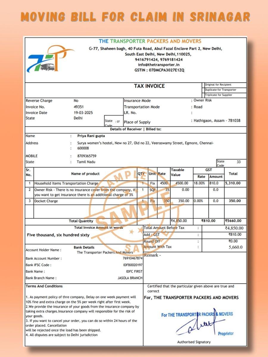 Verified Movers and Packers Bill for Claim in Srinagar