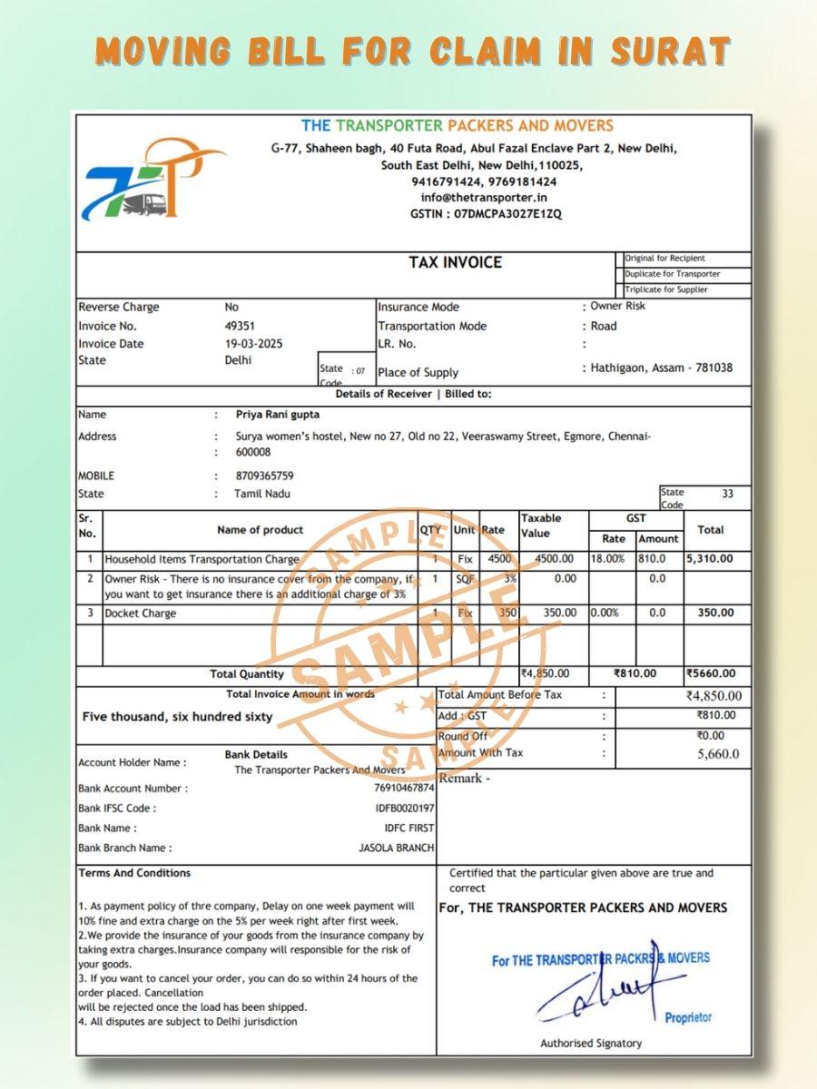 Verified Movers and Packers Bill for Claim in Surat