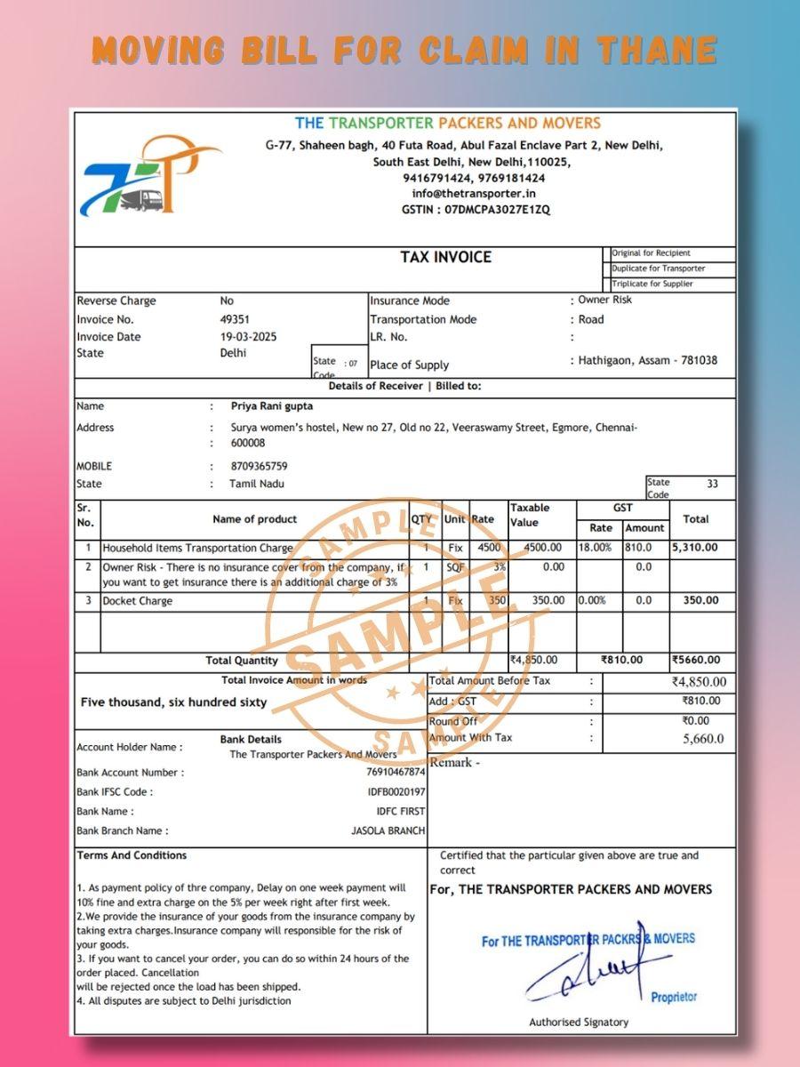 Verified Movers and Packers Bill for Claim in Thane