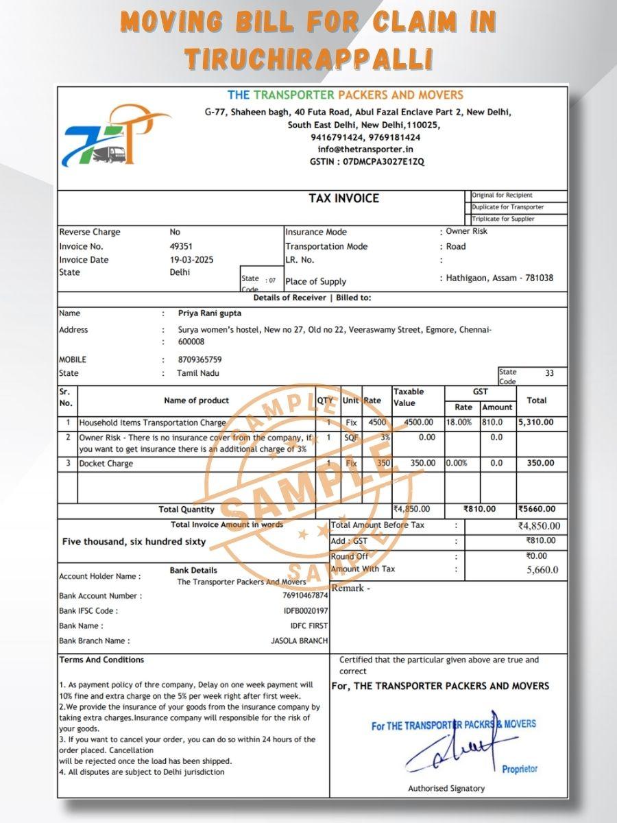 Verified Movers and Packers Bill for Claim in Tiruchirappalli