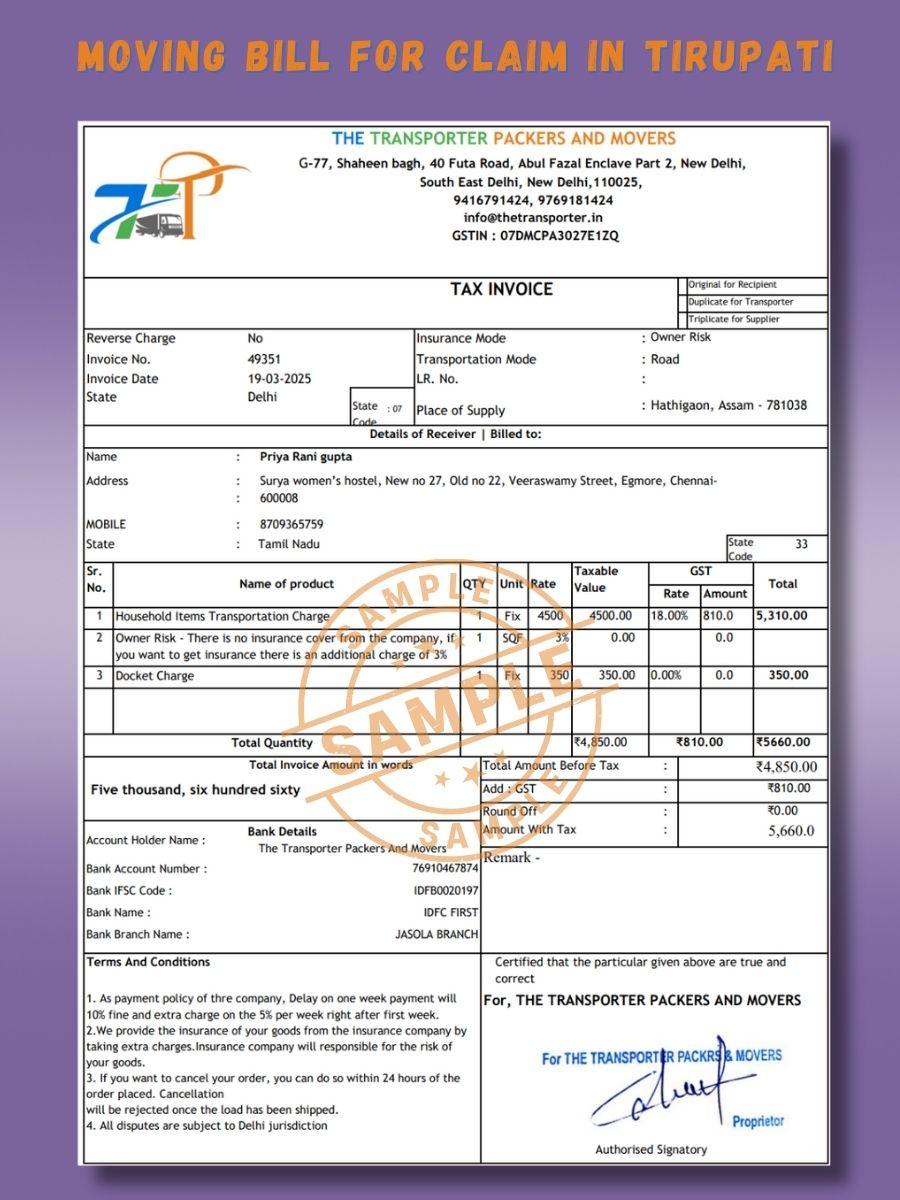 Verified Movers and Packers Bill for Claim in Tirupati