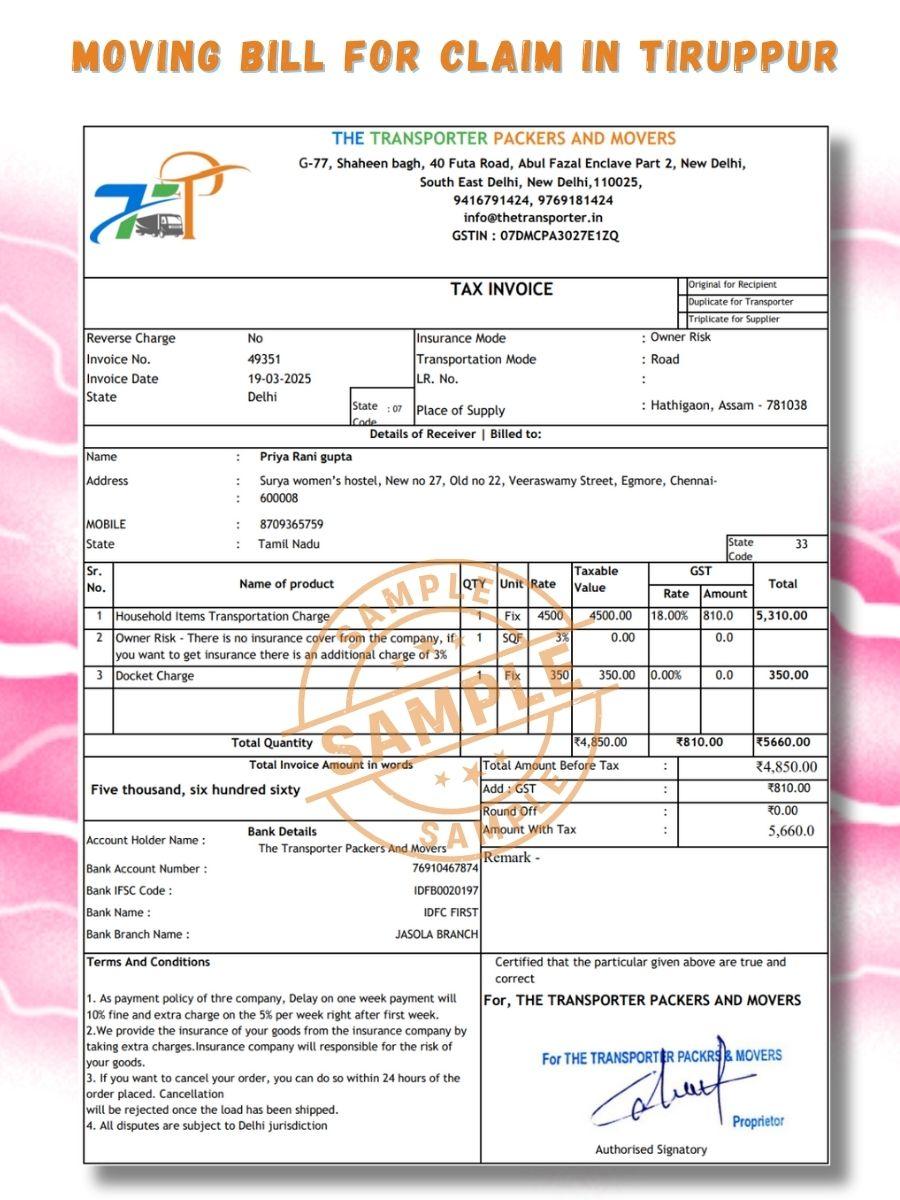 Verified Movers and Packers Bill for Claim in Tiruppur
