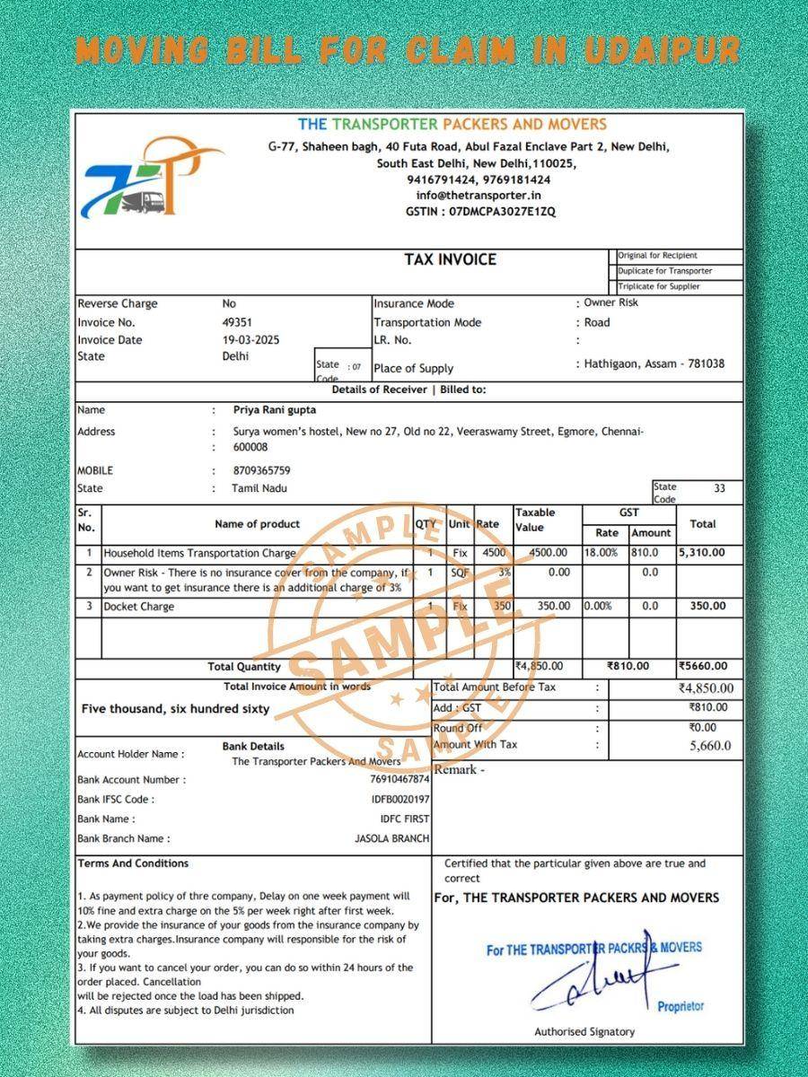 Verified Movers and Packers Bill for Claim in Udaipur