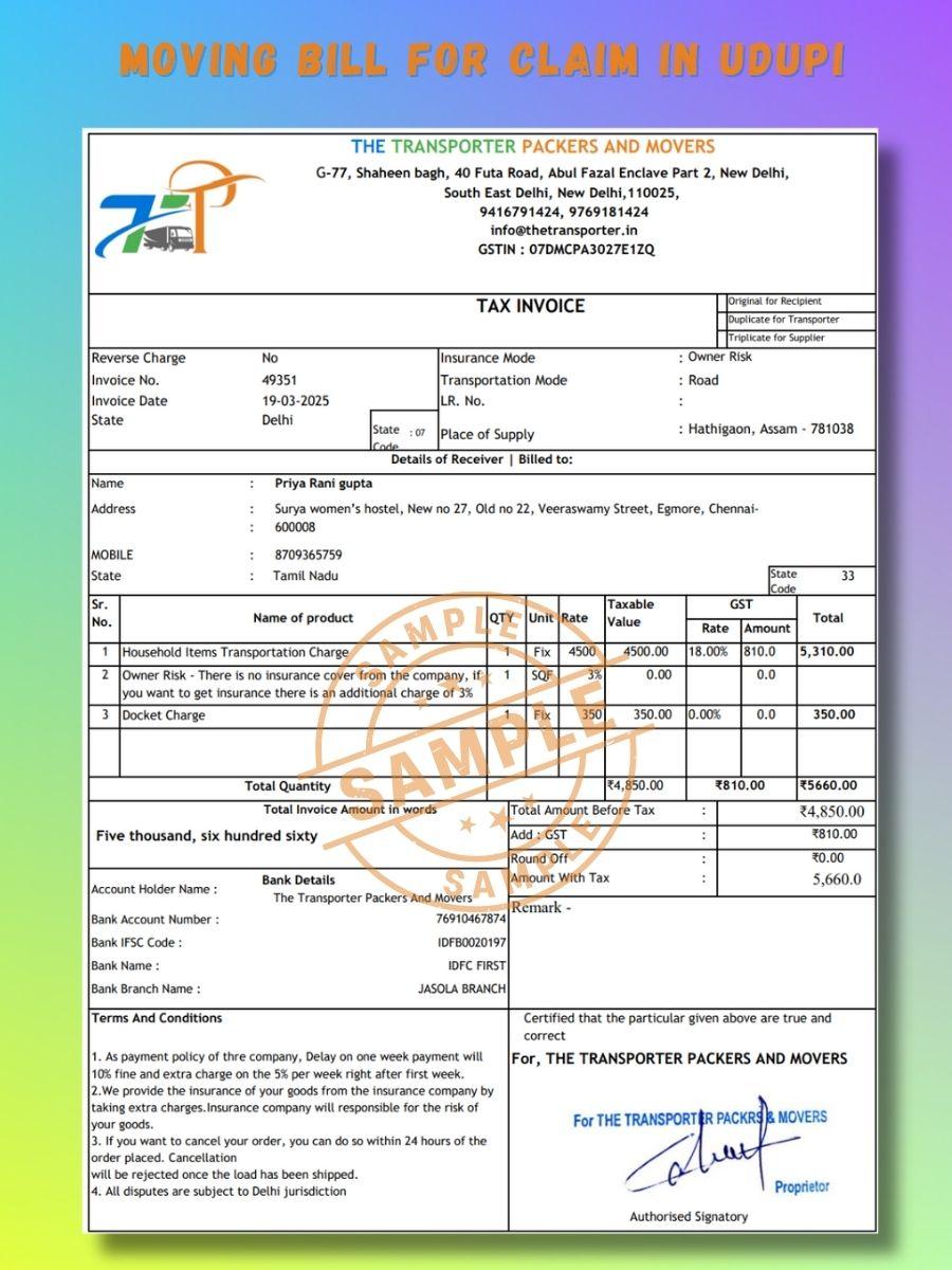 Verified Movers and Packers Bill for Claim in Udupi