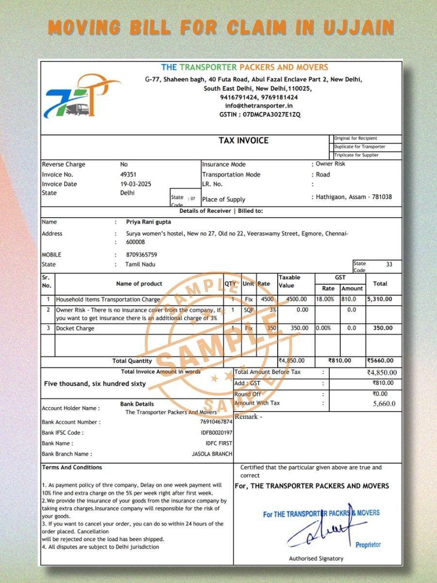 Verified Movers and Packers Bill for Claim in Ujjain