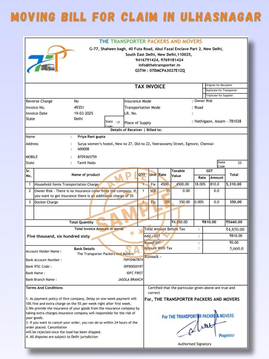 Verified Movers and Packers Bill for Claim in Ulhasnagar