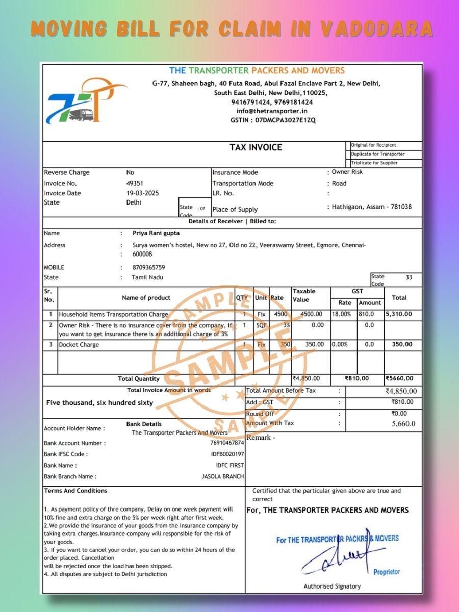 Verified Movers and Packers Bill for Claim in Vadodara