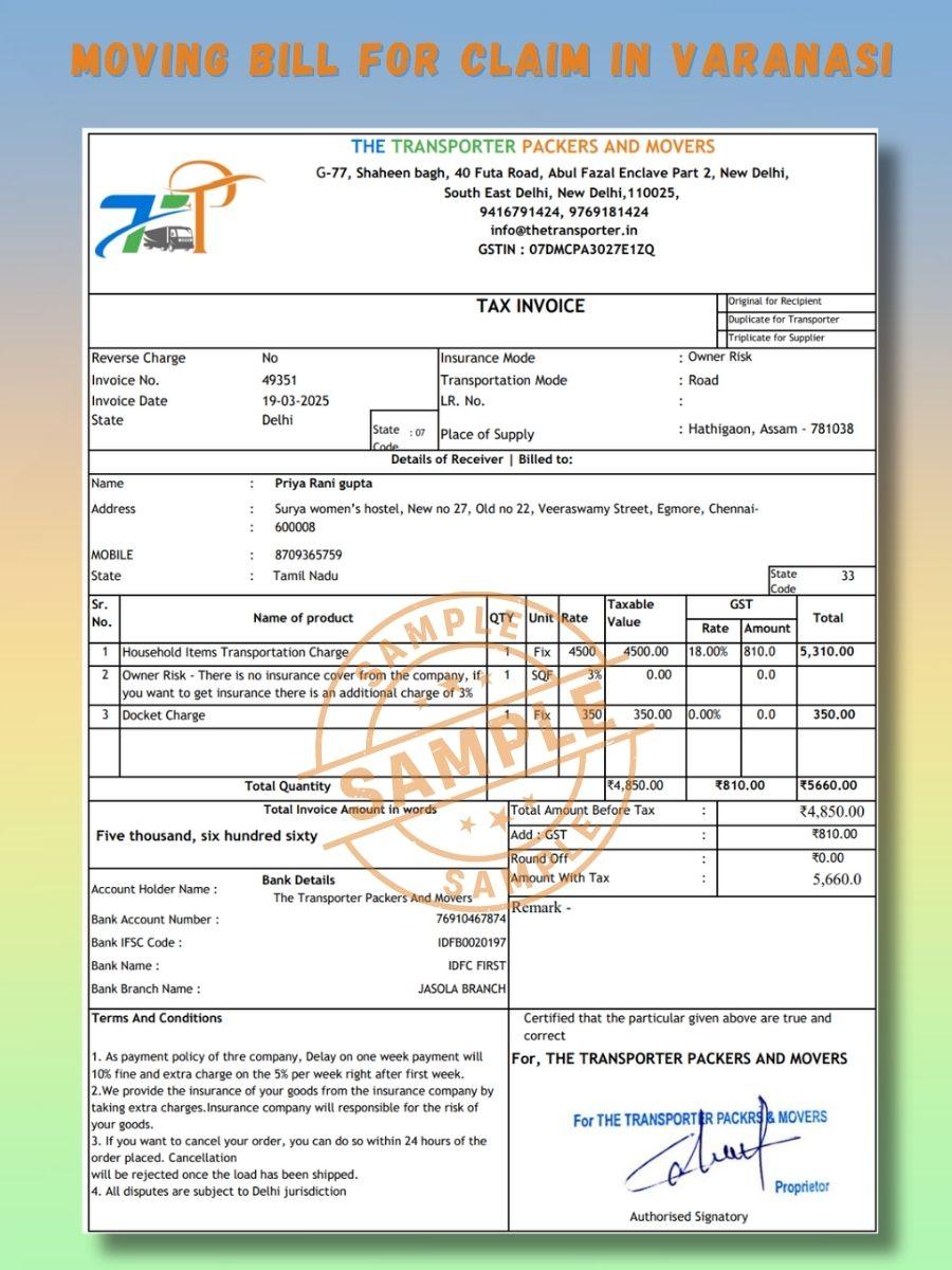 Verified Movers and Packers Bill for Claim in Varanasi