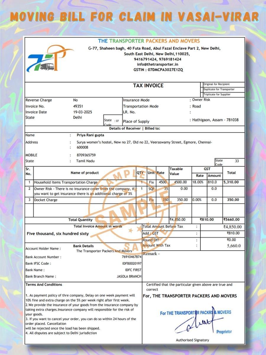 Verified Movers and Packers Bill for Claim in Vasai-Virar