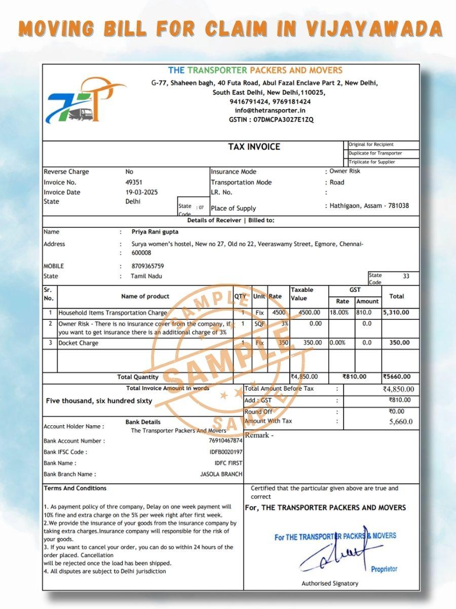 Verified Movers and Packers Bill for Claim in Vijayawada