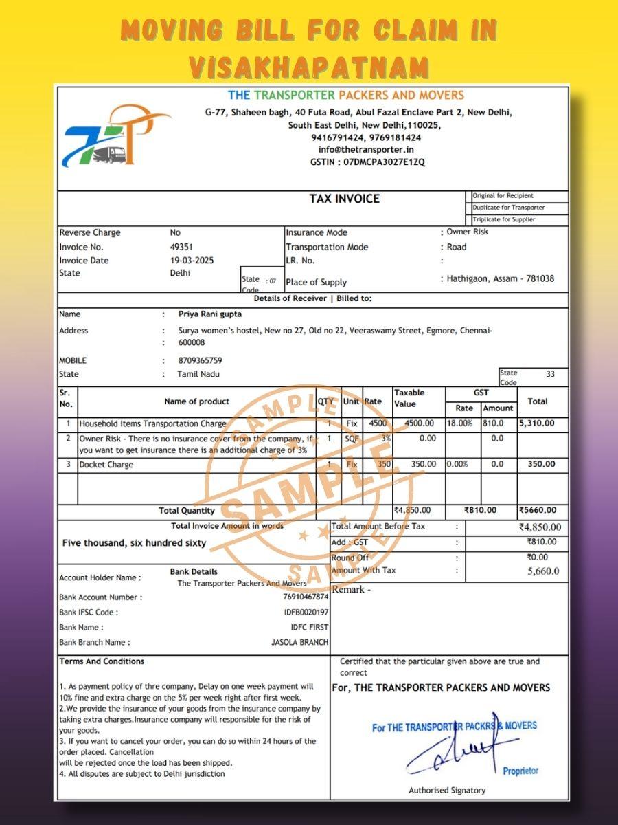 Verified Movers and Packers Bill for Claim in Visakhapatnam