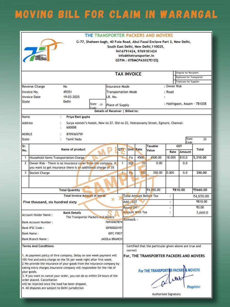 Verified Movers and Packers Bill for Claim in Warangal